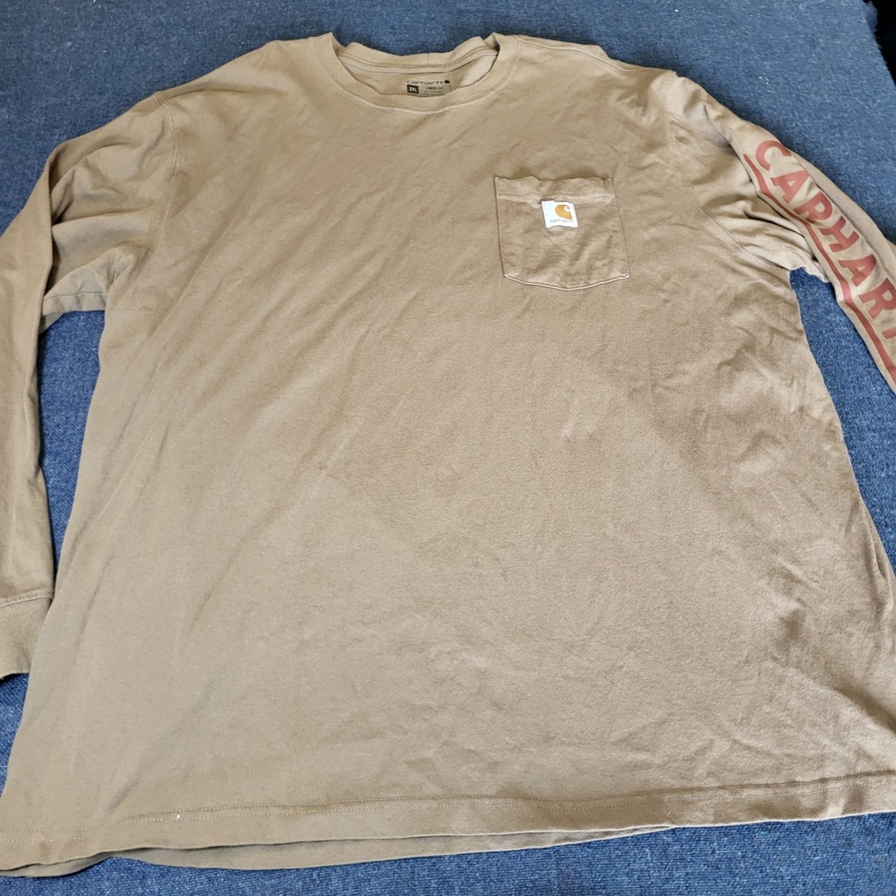 Carhartt Mens 2XL Loose Fit Long Sleeve Pocket T-Shirt Tan Brown Workwear Logo